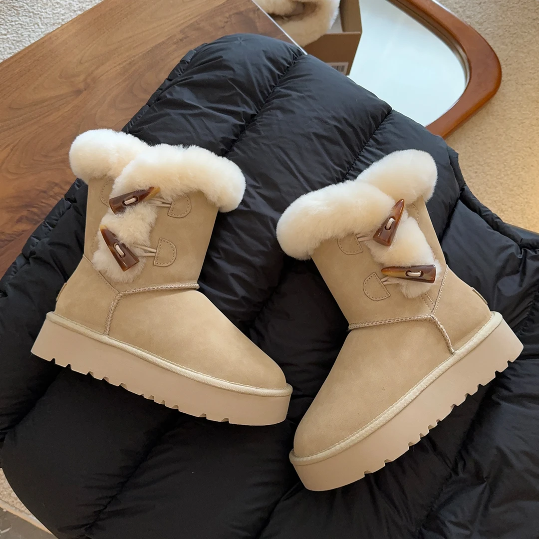 双牛角扣时尚秋冬雪地靴中筒厚底防水牛皮羊毛保暖冬季雪地靴