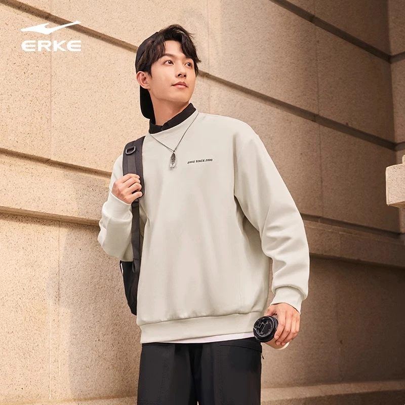 鸿星尔克男子秋季户外纯色运动套头长袖宽松潮流百搭卫衣-2034