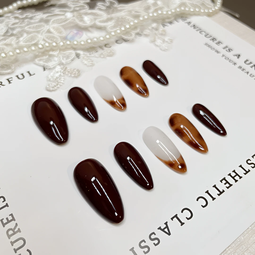 A0765『酒红琥珀』深酒红手绘法式琥珀晕染纯手工制作穿戴甲