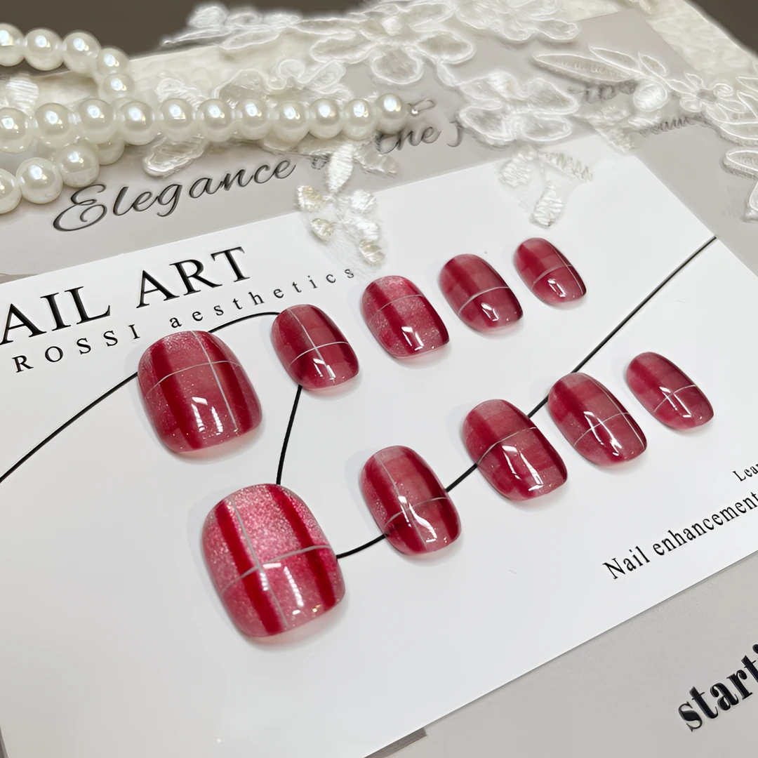 A0749『猫光红白格』经典百搭手绘猫光红白格纹纯手工制作穿戴甲