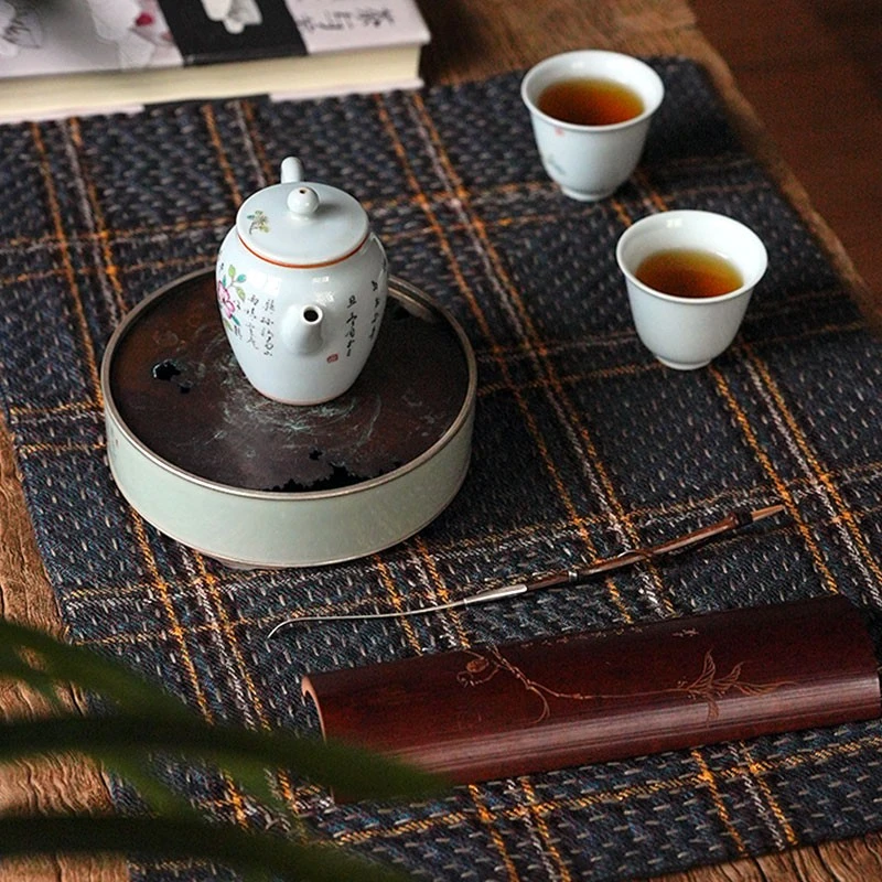 钟声刺绣传统原创格子密密缝 手工茶席茶垫置物垫 隔热垫加厚
