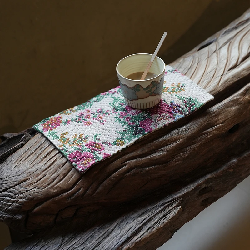 钟声刺绣 手工缝制 小花开似含笑茶席 家居置物垫隔热垫 茶道零配