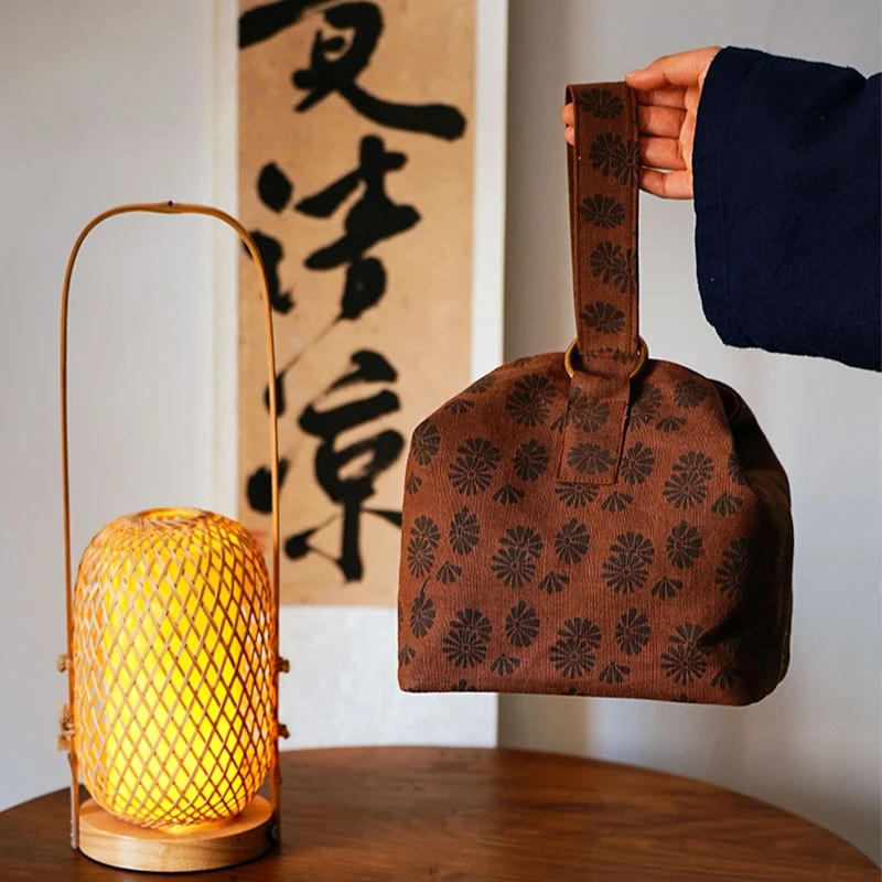 钟声刺绣 手工柿染小雏菊茶事包 一壶两杯四杯收纳包 旅行收纳袋