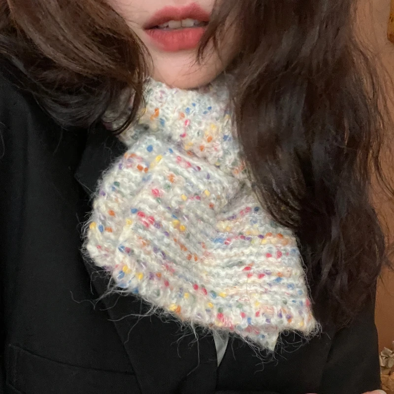 成品彩虹糖豆豆线围巾女冬季韩版保暖ins短款小众学生可爱围脖