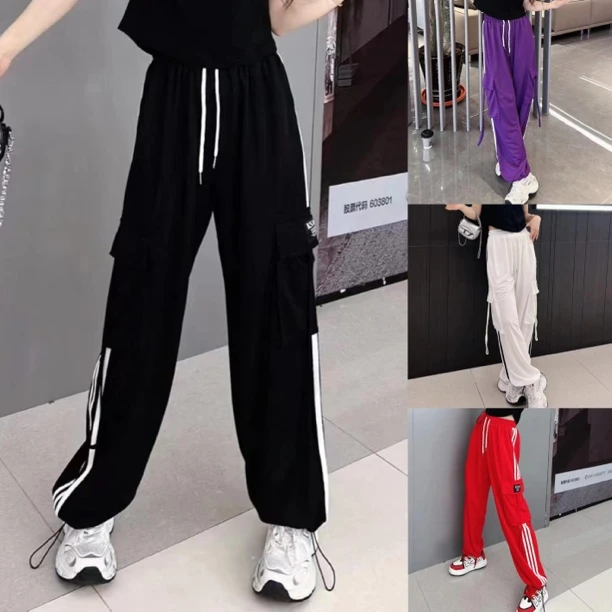 1155男女同款夏季冰丝绵薄款工装裤时尚休闲三条杠长裤曳步舞裤子