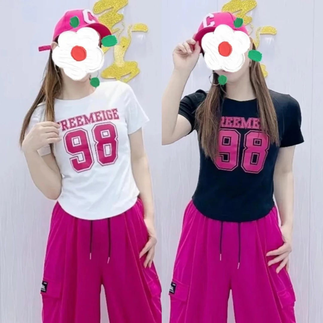 2030夏季弹力螺纹棉T恤修身短款字母印花显瘦百搭圆领短袖女士