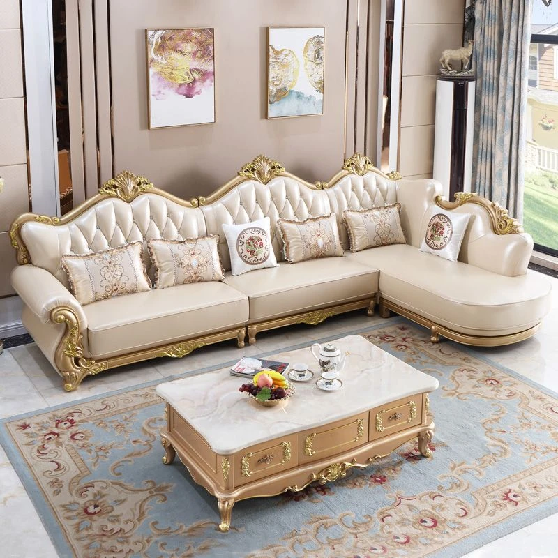 欧式真皮沙发头层牛皮实木客厅组合皮艺成套茶几转角金色高档家具