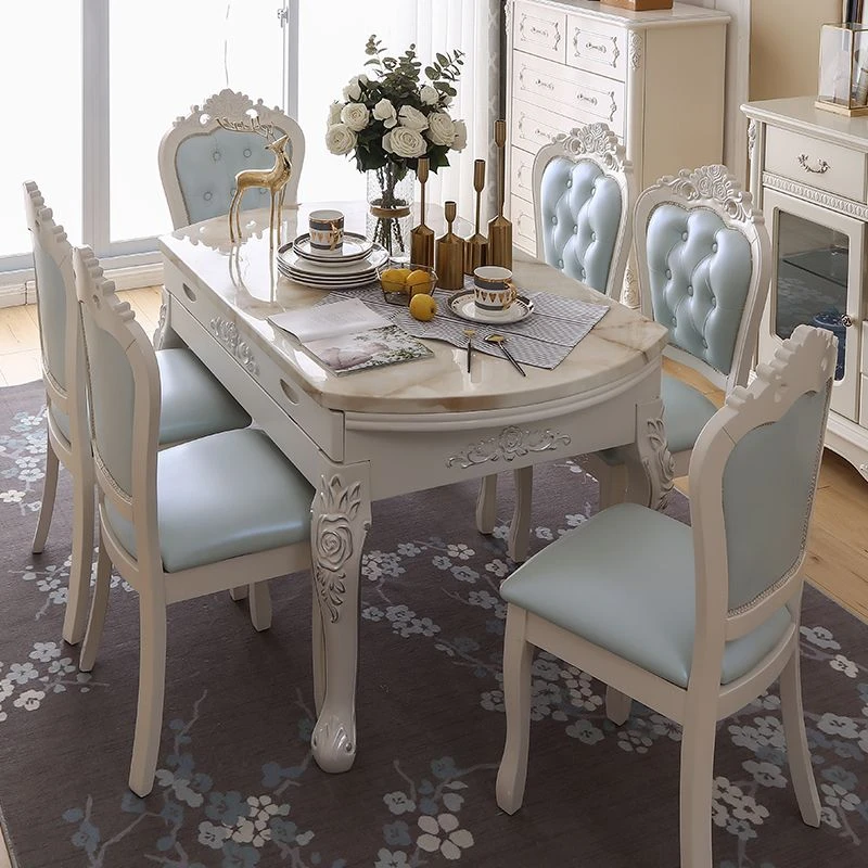 欧式餐桌椅组合简欧家具可伸缩饭桌高档家用小户型大理石实木圆桌