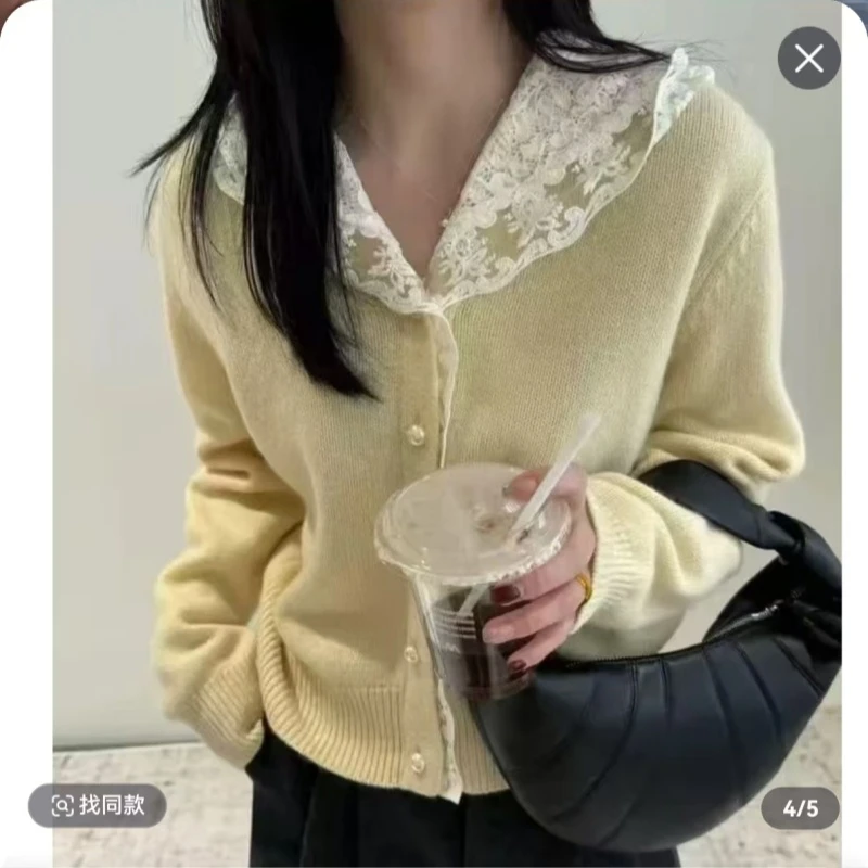 红人上新连帽长袖拼接蕾丝设计感针织开衫时尚休闲显瘦毛衣百搭