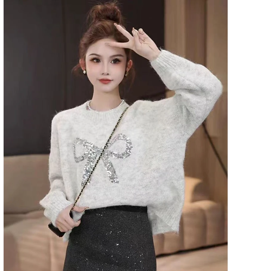 甜美韩系慵懒风蝴蝶结亮片圆领针织毛衣长袖上衣