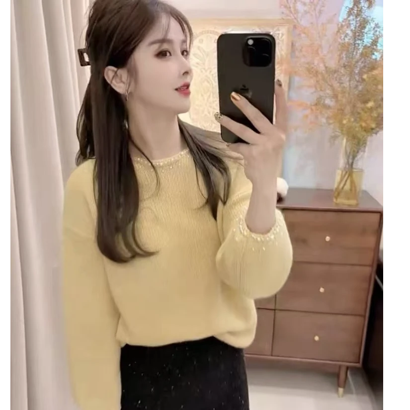 2024新款冬季重工钉珠灯笼袖针织毛衣女宽松显瘦超好看打底衫上衣