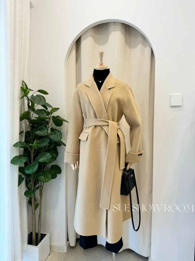 经典款浴袍大衣高支长毛双面呢外套