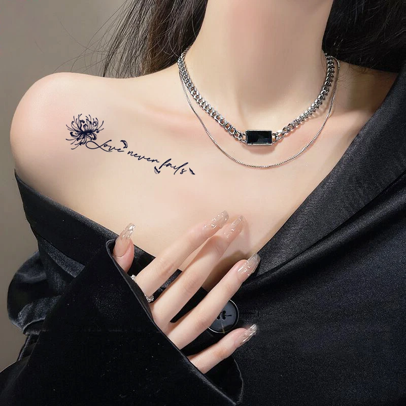 英文草本贴纸女防水持久纹身贴彼岸花锁骨手腕遮瑕仿真贴纸