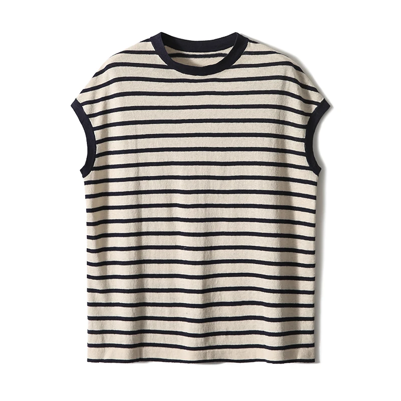 SEPT CHIC  优雅法式亚麻棉条纹棉麻包肩袖圆领上衣S72471ZZSMG