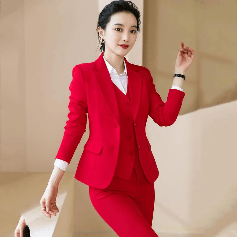大红色西装女秋冬新款气质酒店前台美容师工作服主持人喜庆演出服