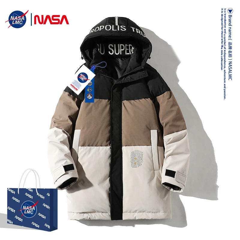 NASA男高中生潮牌羽绒服加肥加大时尚韩版中长款拼色冬季连帽外套