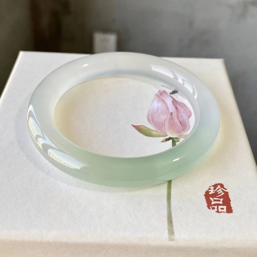 古风冰玉髓半山半水浅绿果绿色胖圆条手镯美人镯玛瑙镯多样性发货