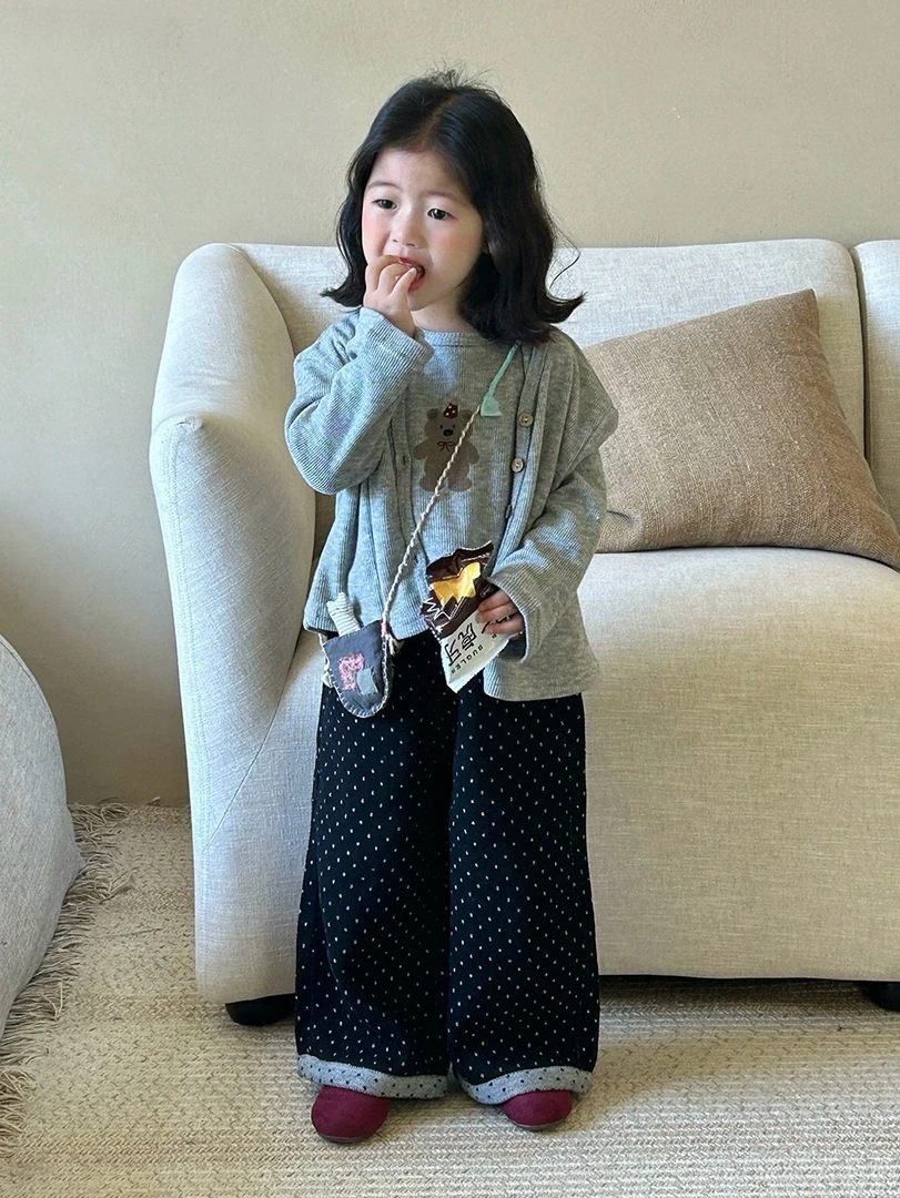 女童卡通背心小开衫套装秋装新款韩版洋气儿童圆点直筒裤女宝秋季