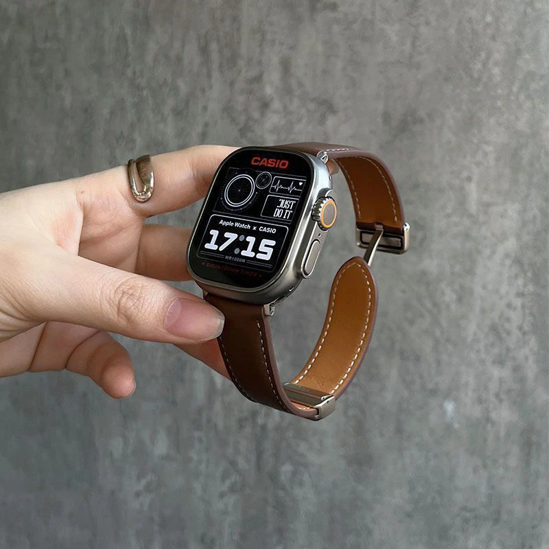 适用applewatch表带平纹皮质磁吸蝴蝶扣苹果手表iwatch8/7/se腕带