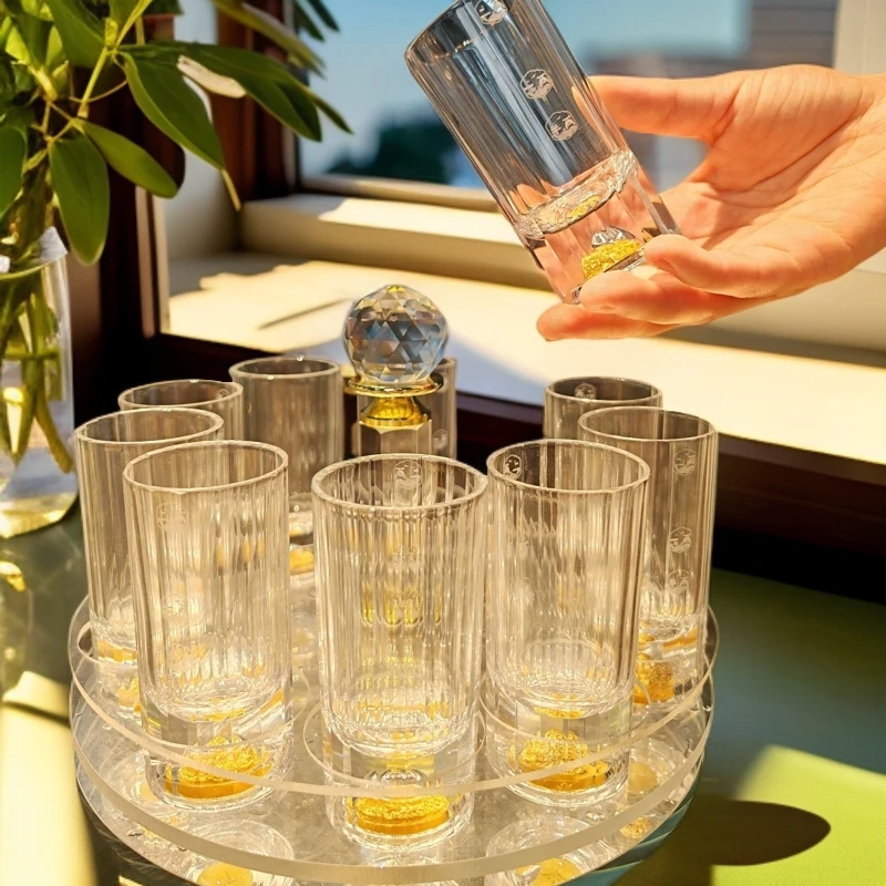 高端竖纹刻面2两金箔金山白酒杯网红轻奢家用创意旋转杯架透明