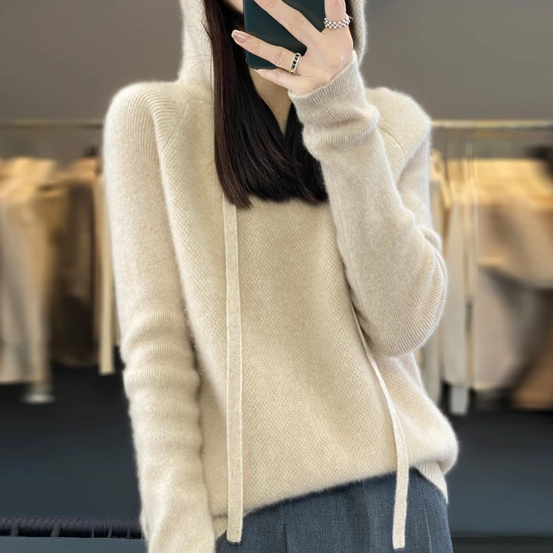 秋冬新款纯羊毛衫女厚款帽衫时尚百搭网红长袖宽松女毛衣