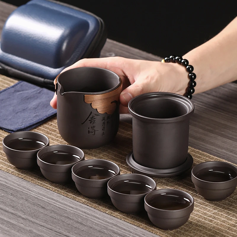 祥云黑泥紫砂旅行茶具套装便捷式茶水分离杯复古风快客杯一壶六杯
