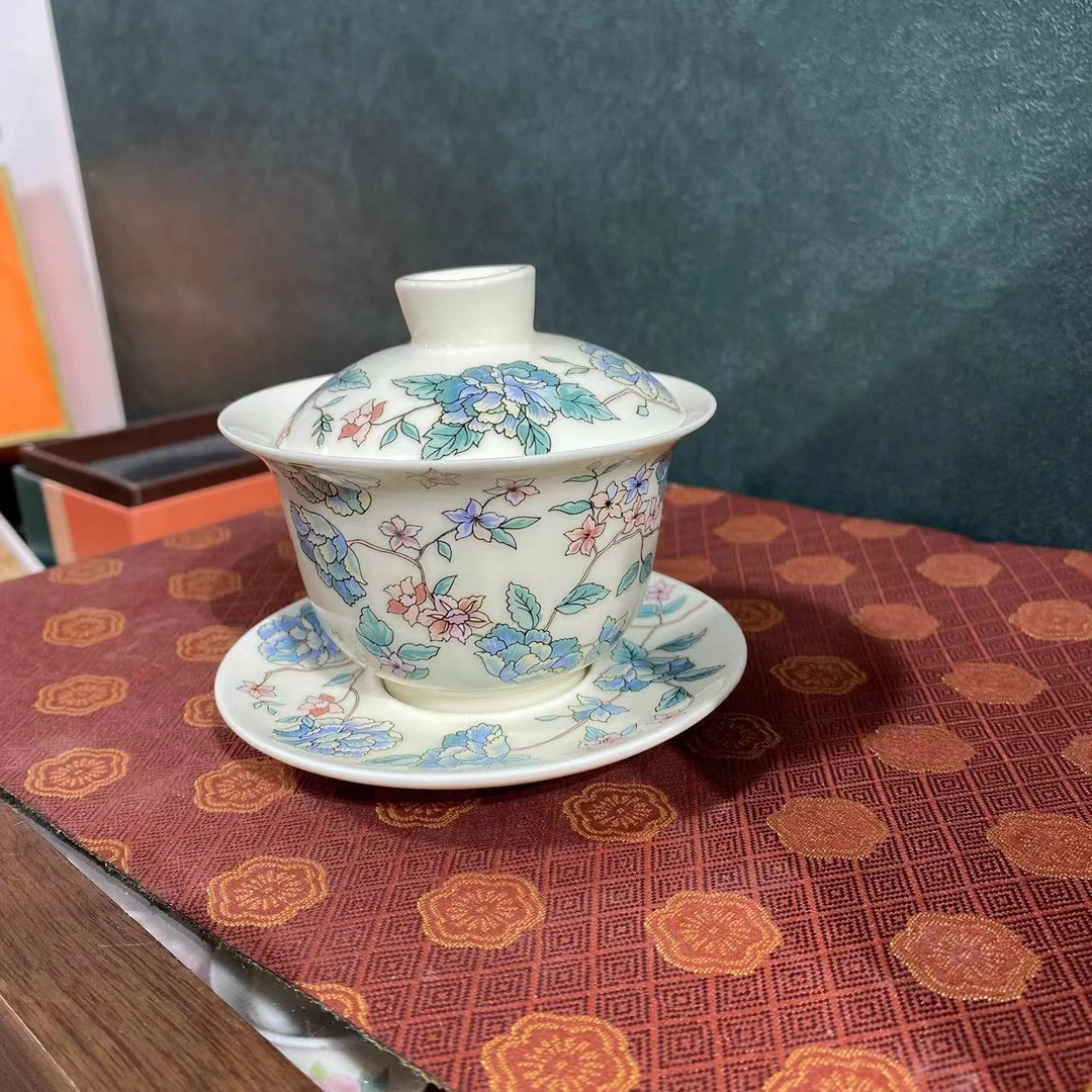 山茶花汝黄色三才盖碗 5457