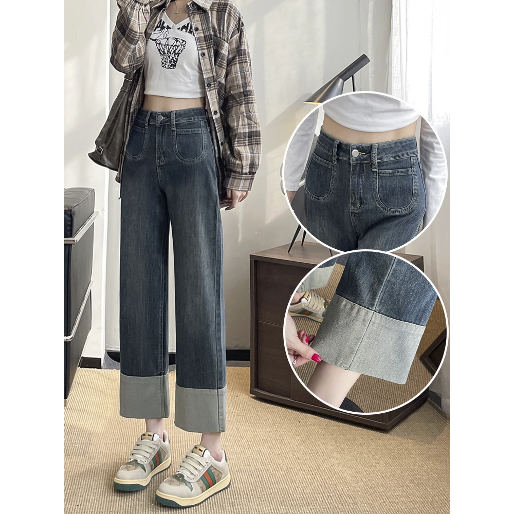 烟管牛仔裤阔腿裤女2025秋季新款高腰小个子九分宽松显瘦直筒牛仔