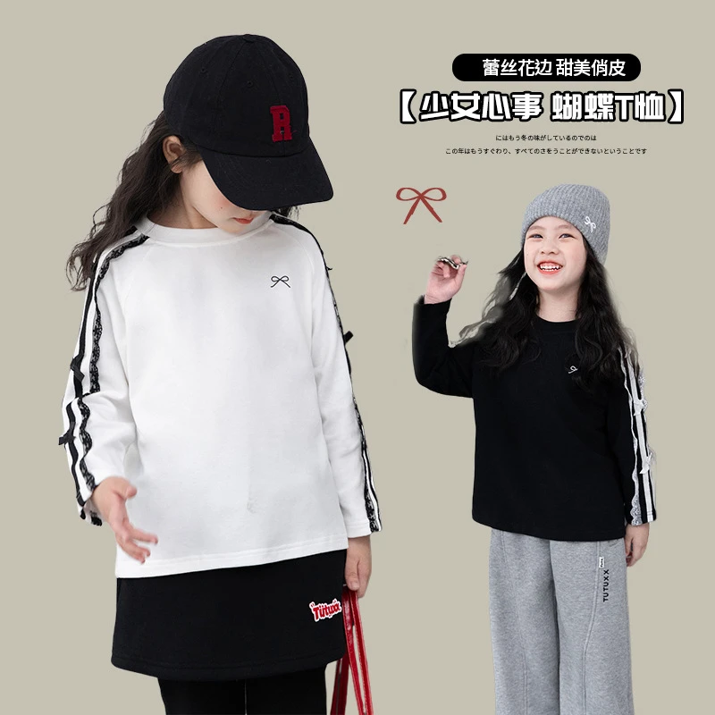 【亲肤云柔绒•甜美蝴蝶结T恤】女童加绒长袖T恤衫秋冬百搭内搭保暖