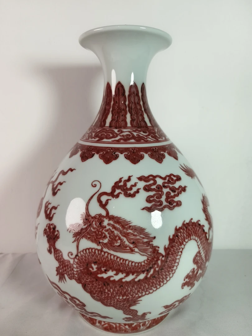 纯手工仿古陶瓷釉里红龙纹葫芦花瓶中式家居摆件