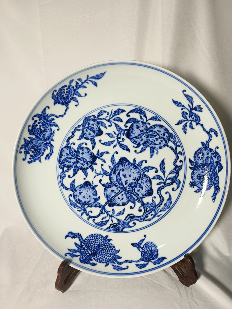 纯手工仿古青花瓷清乾隆九桃纹盘陶瓷