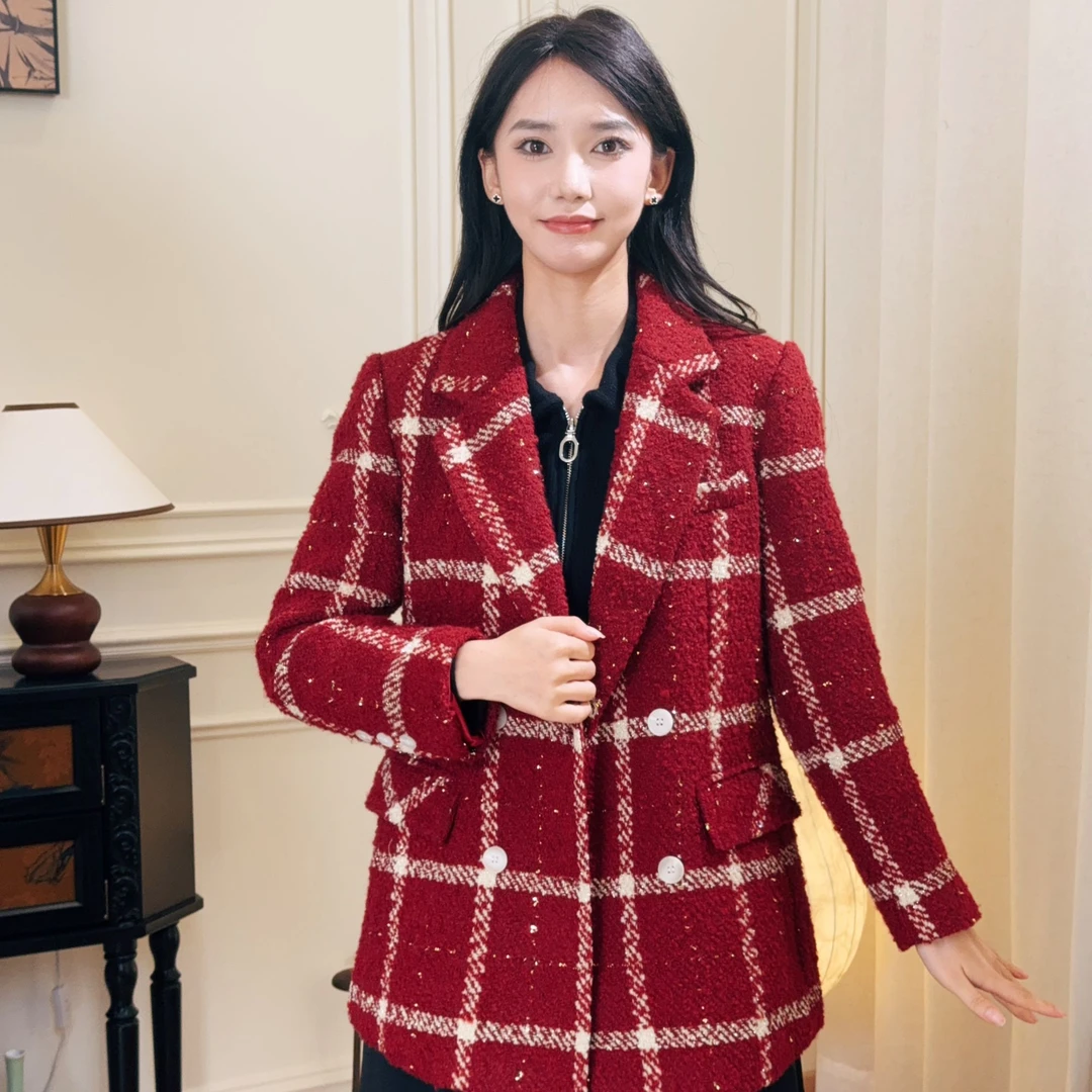 【LY】2024秋冬羊毛呢短外套小香气质短款时尚休闲红色格子013