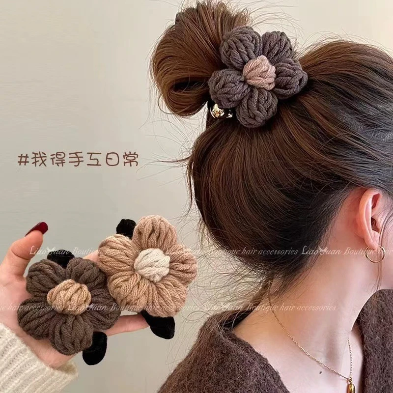 【甜酱】高级感美拉德发圈女秋冬毛线花朵头绳2023新款高端森系高弹