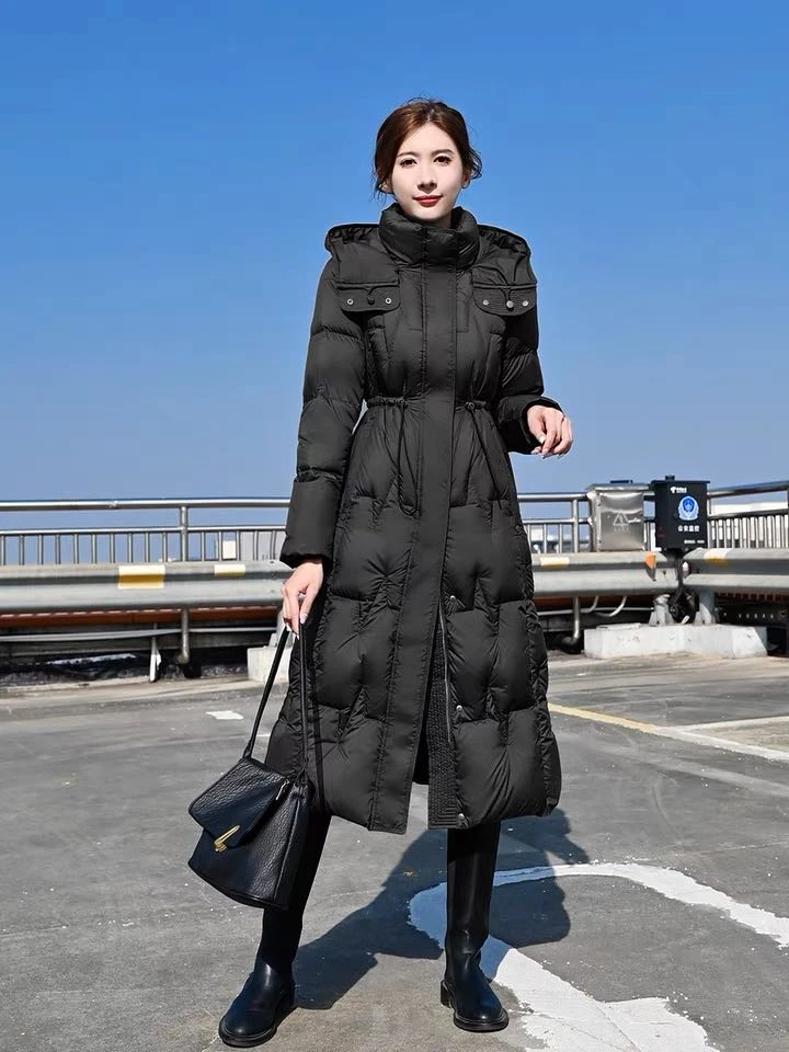 冬季新款时尚简约纯色连帽长款外套