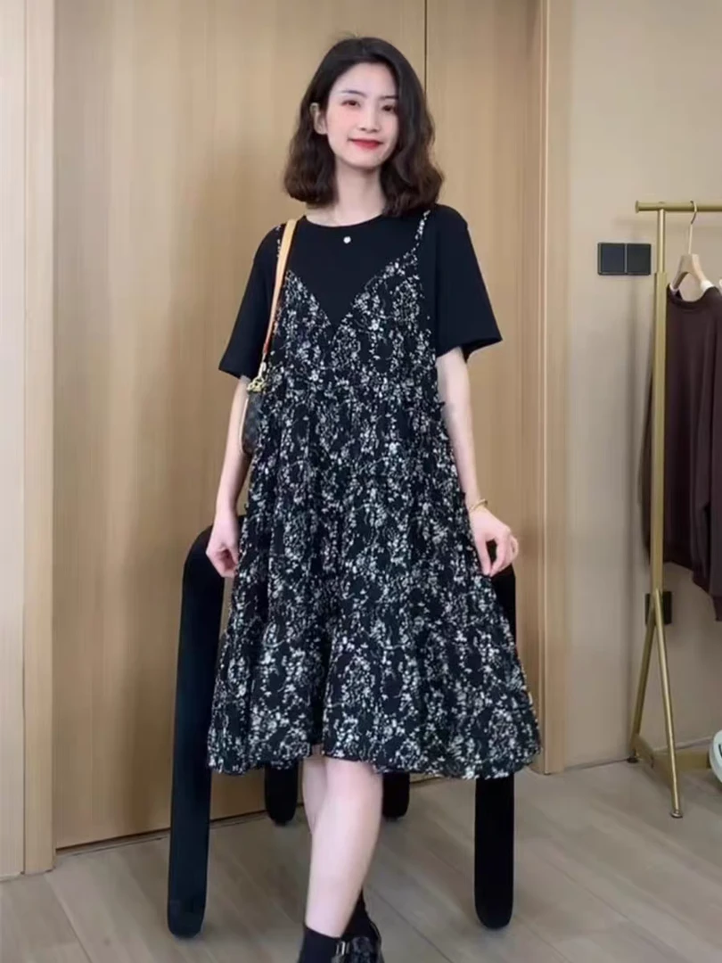 气质小碎花假两件连衣裙宽松显瘦复古减龄