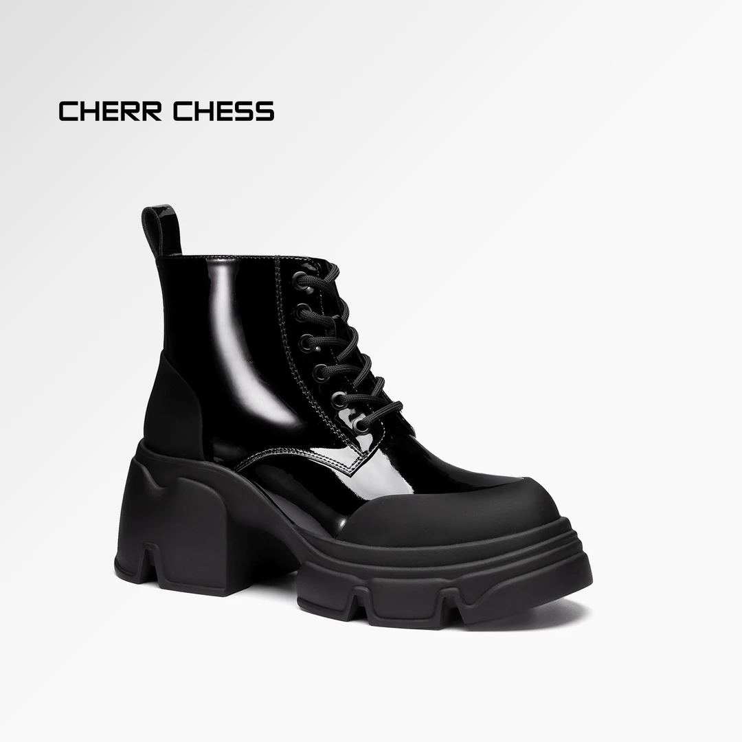 CHERR CHESS粗跟马丁靴短靴英伦风靴子黑色瘦瘦靴时尚百搭H870K90
