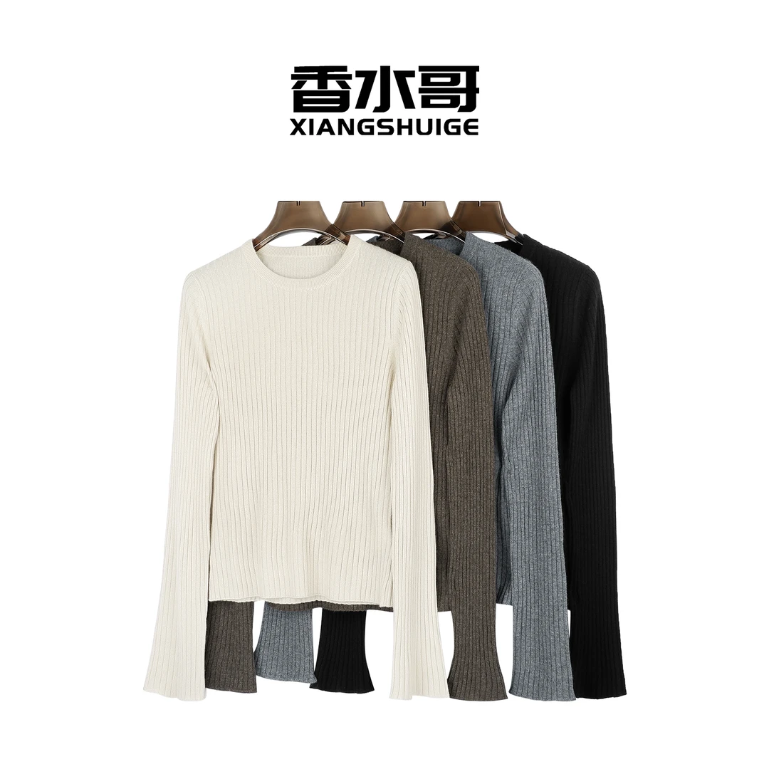 秋冬2024新款女装Baby山羊绒衫圆领长袖坑条弹力修身显瘦打底衫