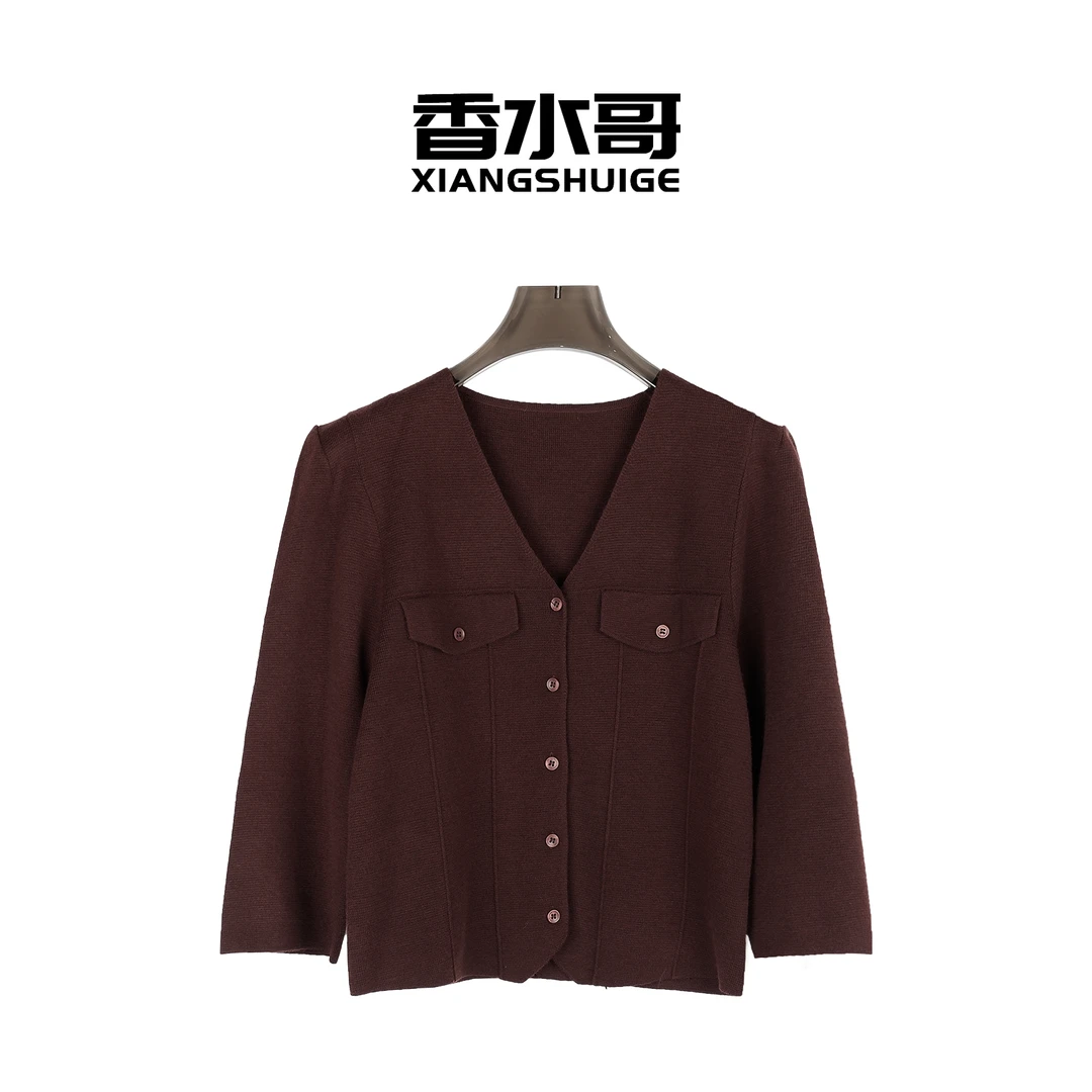 秋季2024新品女装轻奢小香风V领毛针织衫气质酒红色直筒短外套