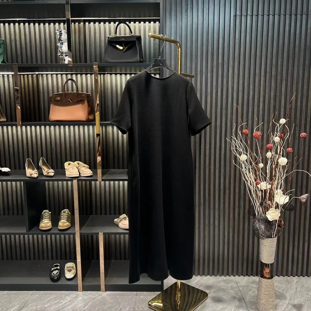 2025时尚休闲圆领短袖文艺风长款醋酸黑色T恤连衣裙