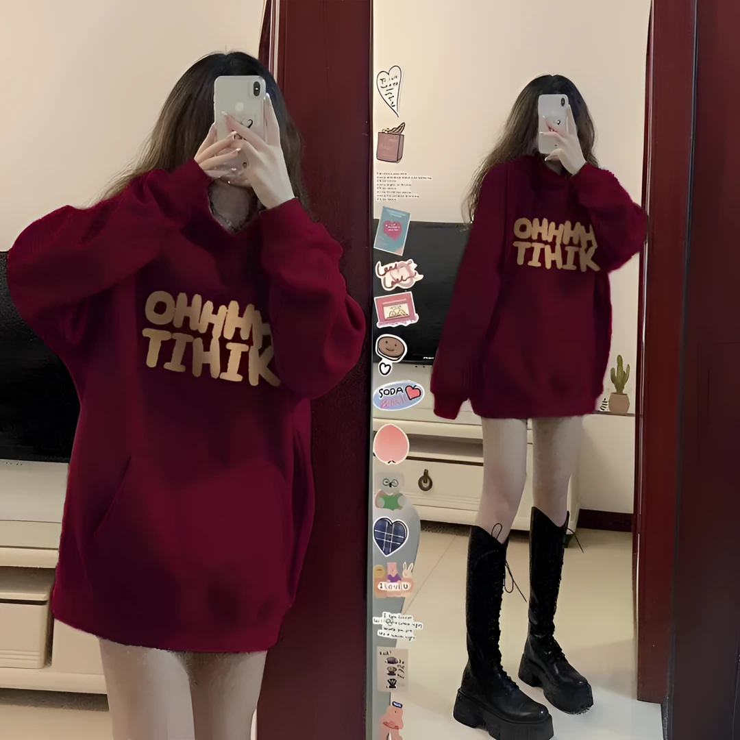 高级感酒红色加绒卫衣外套女2024新款秋冬季慵懒风中长款宽松上衣