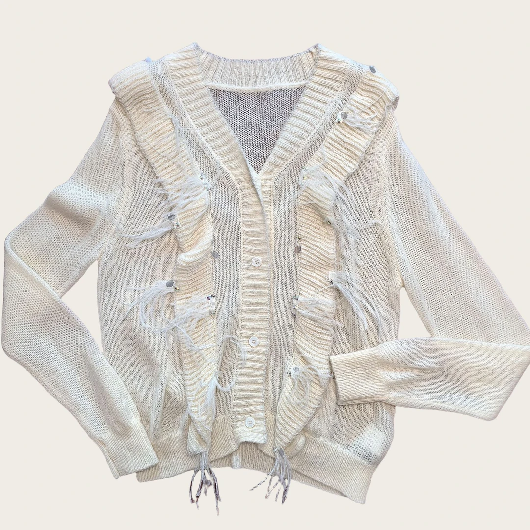 小香风钉片羽毛装饰针织开衫长袖上衣223640686