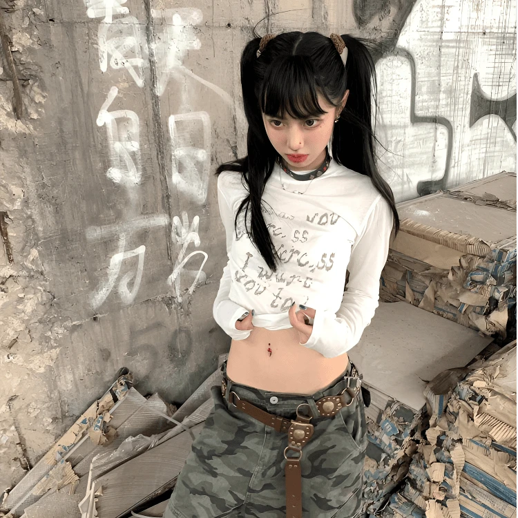 美式辣妹长袖T恤女2024夏季新款字母印花设计感小众修身短款上衣