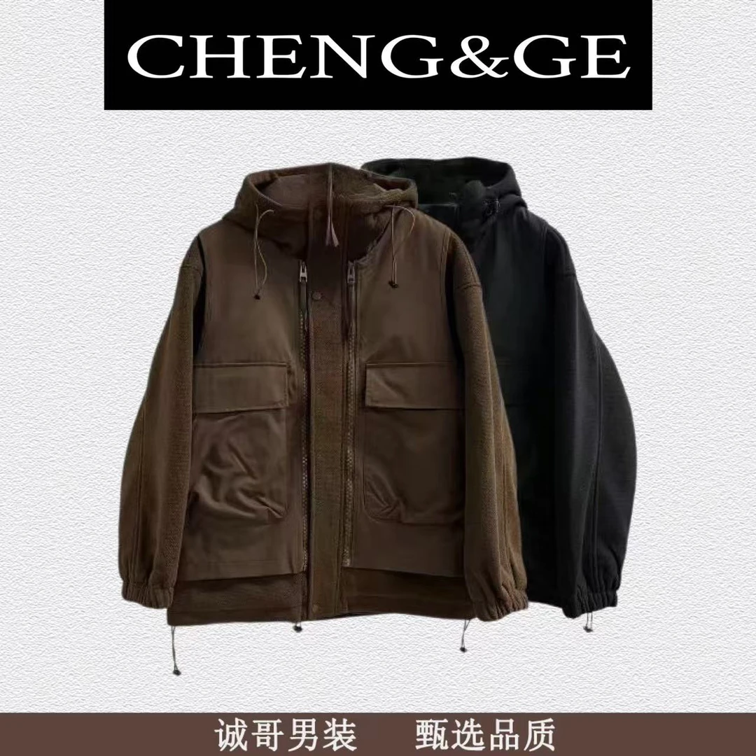 棉#1922#秋冬加厚连帽户外真两件保暖棉服外套