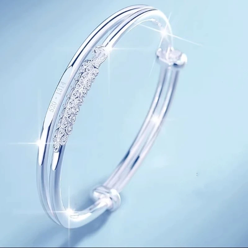 足银手镯 正品足银9999纯银手镯女5201314孔雀翎羽镯子送老婆女友