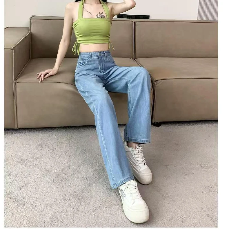 夏季薄款牛仔裤小个子高腰显瘦宽松休闲直筒裤百搭时尚韩版设计感