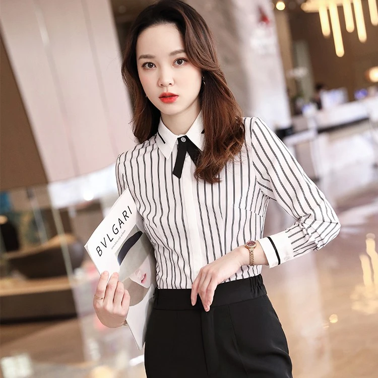 竖条纹衬衫女长袖工作服秋季通勤OL女士修身显瘦气质大码方领衬衣