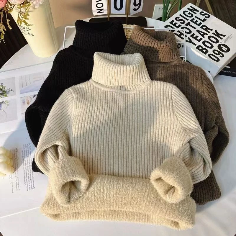 儿童毛衣冬季加厚一体绒男童高领保暖女童内搭洋气打底衫水貂毛潮