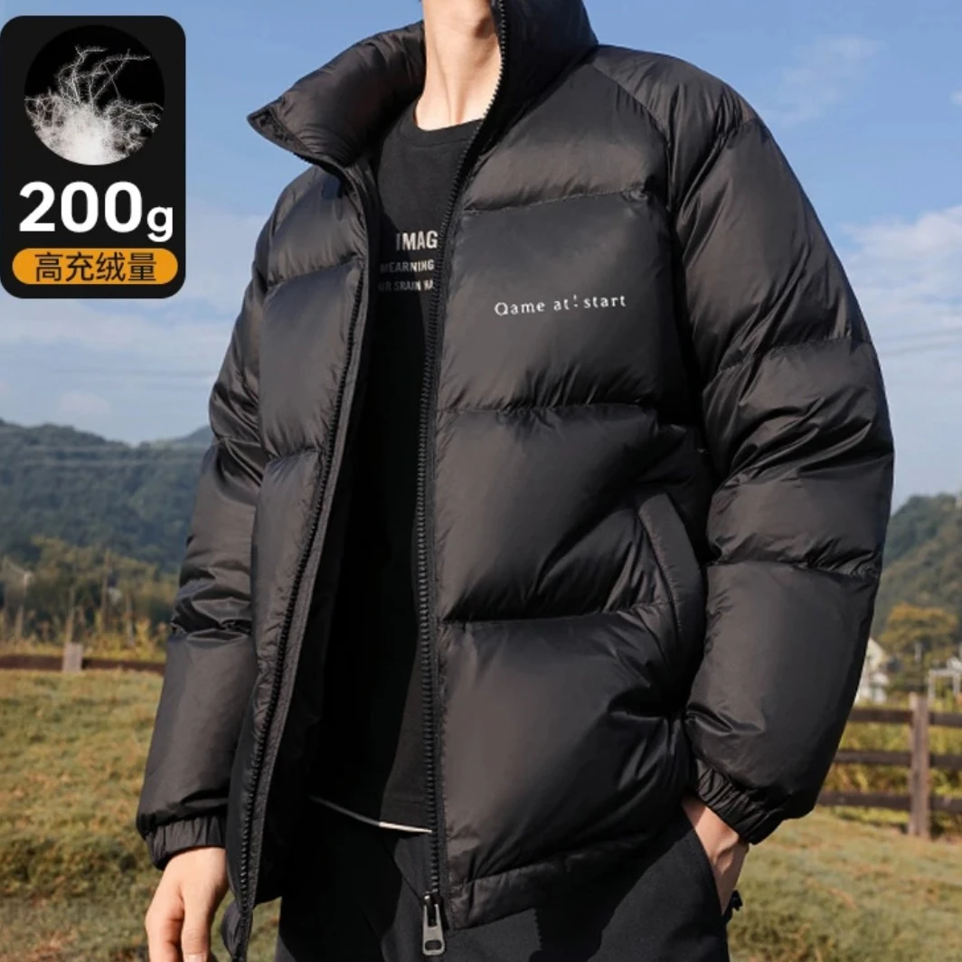 国标鸭绒轻便蓬松立领羽绒服黑金发热保暖上衣鸭绒拉链外套男士
