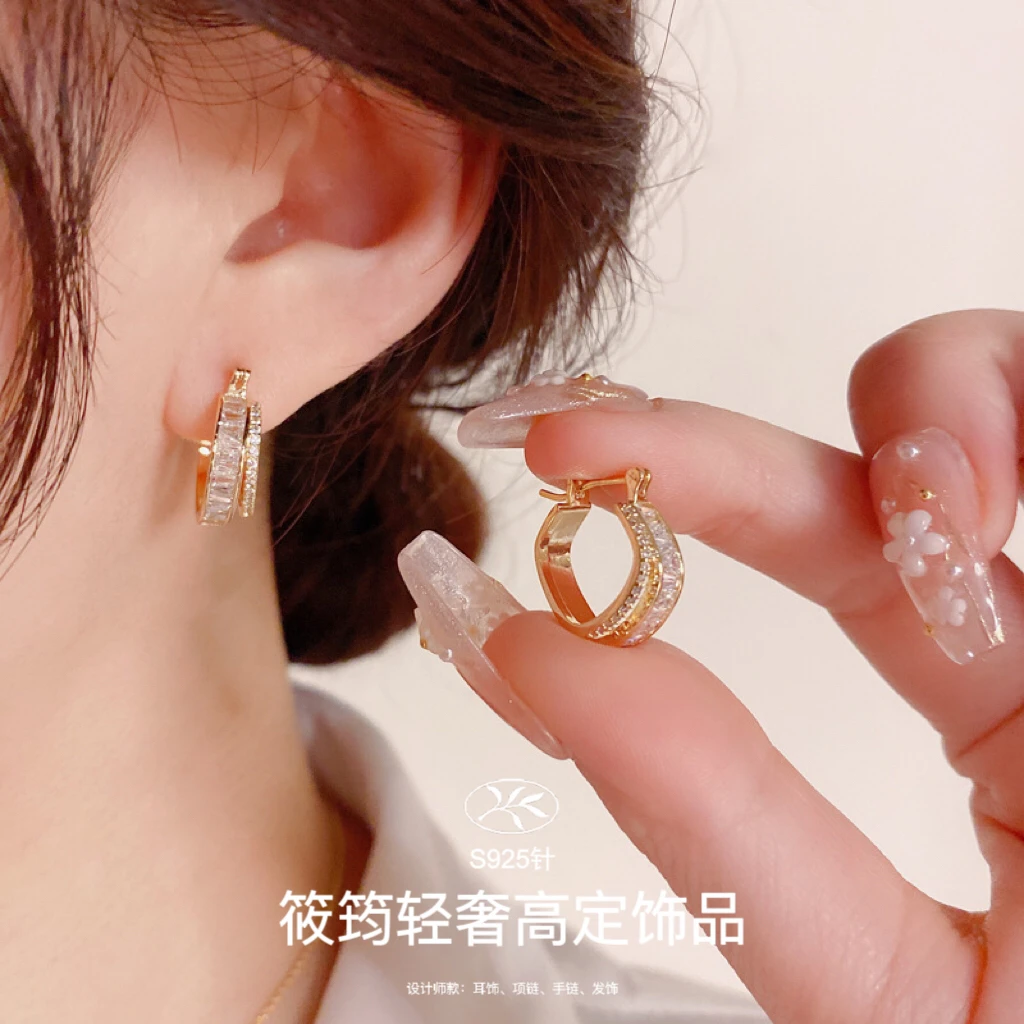 铜合金合成锆石耳饰 筱筠【心路】时尚微镶双层心形耳扣小众耳圈