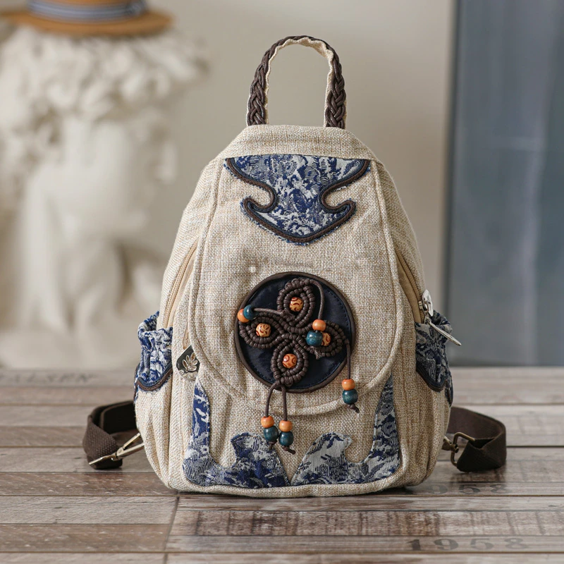 民族风原创小众帆布包手工立体设计休闲百搭竖款双层超轻便双肩包